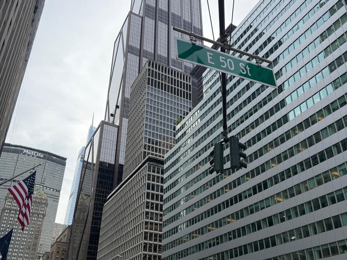 Looking up at office towers from East 50th Street and Park Avenue